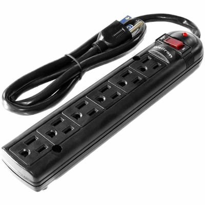 6-OUTLET BLACK PLASTIC SURGE PROTECTOR W/ FULL 3 LINES SURGE; 750 JOULES; EMI/RF