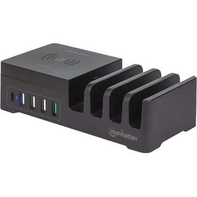 Manhattan Charging Station with Wireless Charging Pad (detachable), 1x Wireless, 1x USB-C and 4x USB-A Ports, Wireless Output: 2A, USB-C Output: 3A, USB-A Outputs: 1x 3A and 3x 2.4A max, Cable 1m, Black (Power Cable: Euro 2-pin plug to C7 figure-of-8