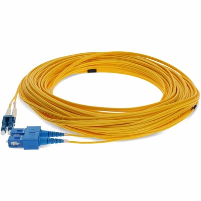 AddOn 30m SC to LC Yellow OS2 Duplex Microboot, Snagless OFNR (Riser-Rated) SMF Fiber Patch Cable