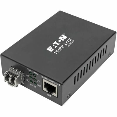 Tripp Lite by Eaton Gigabit Multimode Fiber to Ethernet Media Converter, PoE+ - International Power Cables, 10/100/1000 LC, 850 nm, 550 m (1,804 ft.)