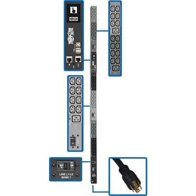 Tripp Lite by Eaton PDU 10kW 200-240V 3PH Monitored PDU - LX Interface Gigabit 48 Outlets L21-30P Input LCD 1.8 m Cord 0U 1.8 m Height TAA
