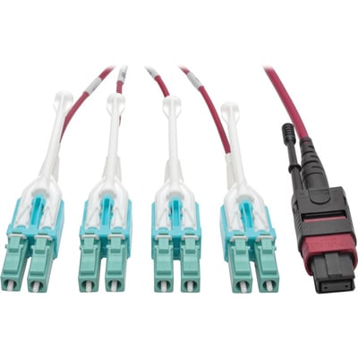Eaton Tripp Lite Series 40G MTP/MPO to 4xLC Fan-Out OM4 Plenum-Rated Fiber Optic Cable, 40GBASE-SR4, Push/Pull Tabs, Magenta, 2 m