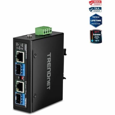 TRENDnet 2-Port Industrial SFP to Gigabit PoE++ Media Converter, TI-BF22SFP, IP30 Metal Housing, Power Supply (Model TI-S15052) Sold Separately, Black