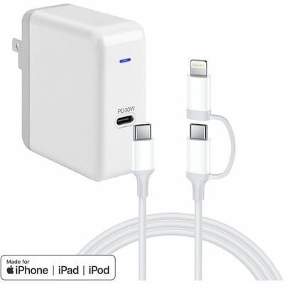 30W USB-C POWER ADAPTER 2 IN 1 USB-C TO USB-C LIGHTNING 3FT CABLE