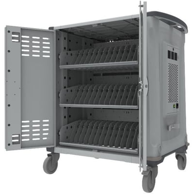 Rocstor Volt&reg; C42 Charging Cart with Intelligent Power Charging - Up to 42 Device Intelligent Power Charging Cart for Notebooks, Chromebook&reg;, MacBook&reg;, and Macbook&reg; Pro- 3 Slide-out shelves - Push Handle - 4 Heavy Duty 5" Casters - Steel