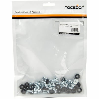 ROCSTOR M5 RACK SCREWS NUTS 20 PACK SILVER - M5 NUTS