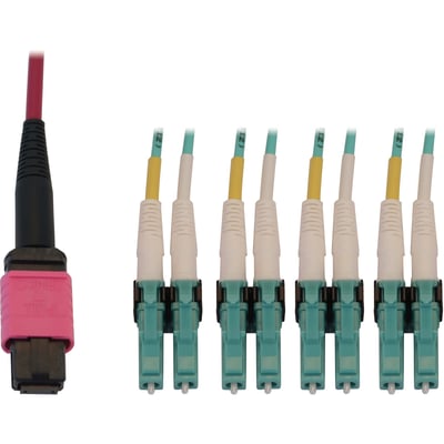 Eaton Tripp Lite Series 40/100G Multimode 50/125 OM4 Fiber Optic Cable (12F MTP/MPO-PC to 4x Duplex LC/PC F/M), LSZH, Magenta, 3 m (9.8 ft.)