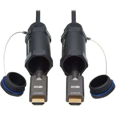 Eaton Tripp Lite Series High-Speed Armored HDMI Fiber Active Optical Cable (AOC) with Hooded Connectors - 4K @ 60 Hz, HDR, IP68, M/M, Black, 50 m (164 ft.)