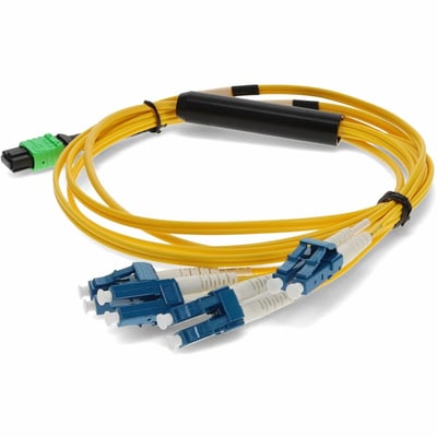 AddOn 9m MPO/APC to 4xLC/UPC Duplex Yellow OS2 OFNR (Riser-Rated) 8-Strand SMF Fiber Fanout Cable