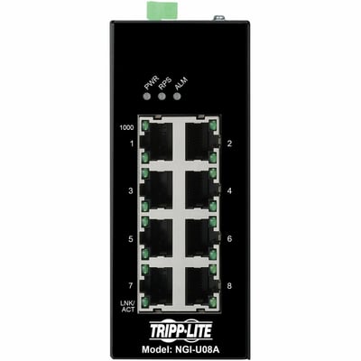 Tripp Lite by Eaton 8-Port Unmanaged Industrial Gigabit Ethernet Switch - 10/100/1000 Mbps, Ruggedized, -40 to 75C, EIP QoS, DIN Mount - TAA Compliant