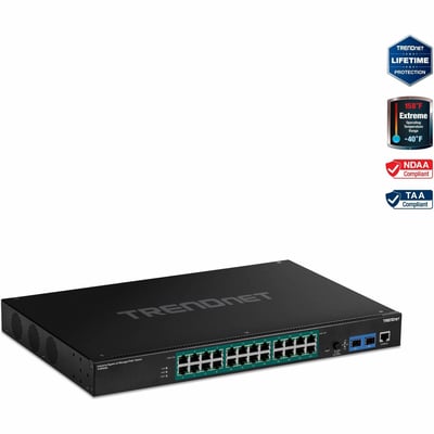 TRENDnet 26-Port Industrial Gigabit L2 Managed PoE+ Switch, TI-RP262i, 1U 19" Rackmount, 24 x Gigabit PoE+ Ports, 2 x SFP Slots (100/1000Base-FX), IP30, VLAN, QoS, 685W PoE Power Budget, Fanless