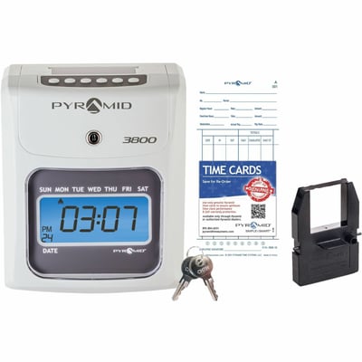 Pyramid Time Systems Model 3800 Auto Totaling Time Clock - Electronic Time Punch Clock for Small Business Bundle