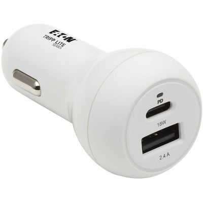 Tripp Lite by Eaton Dual-Port USB Car Charger - 30W PD Charging USB-C (18W) & USB-A (12W) USB-C to Lightning Cable White