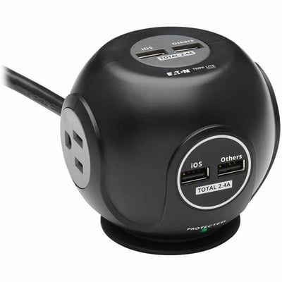Tripp Lite by Eaton 3-Outlet Spherical Surge Protector 4 USB Ports (4.8A Shared) - 6 ft. (1.83 m) Cord 5-15P Plug 540 Joules Black