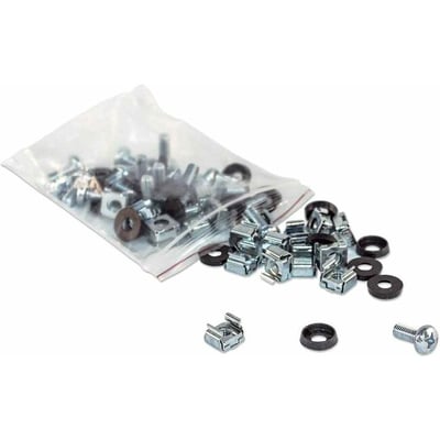 100 EACH,  M6 CAGE NUTS, M6 SCREWS, AND PLASTIC WASHERS