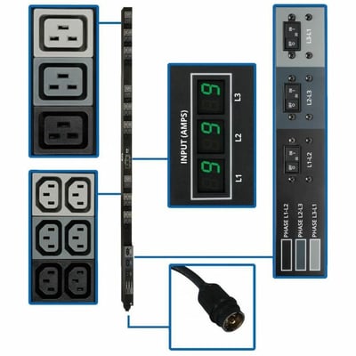 Tripp Lite by Eaton PDU 12.6kW 3-Phase Local Metered PDU 208V Outlets (36 C13 & 9 C19) Hubbell 50A CS8365C 6 ft. (1.83 m) Cord 0U Vertical TAA