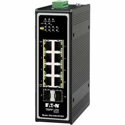 Tripp Lite by Eaton 8-Port Unmanaged Industrial Gigabit Ethernet Switch 10/100/1000 Mbps PoE+ 30W 2 GbE SFP Slots -40 to 75C DIN Mount - TAA Compliant