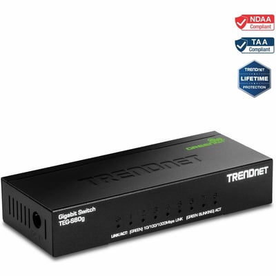 TRENDnet 8-Port Unmanaged Gigabit GREENnet Desktop Metal Switch, Fanless, 16Gbps Switching Capacity, Plug & Play, Network Ethernet Switch, Lifetime Protection, Black, TEG-S80G