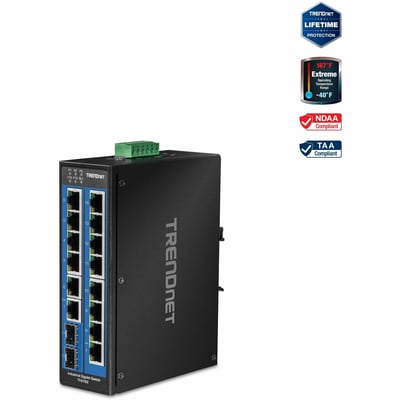 TRENDnet 16-Port Hardened Industrial Unmanaged Gigabit DIN-Rail Switch; TI-G162; 14 x Gigabit Ports; 2 x Gigabit SFP Slots;32Gbps Switching Capacity; IP30 Ethernet Network Switch; Lifetime Protection