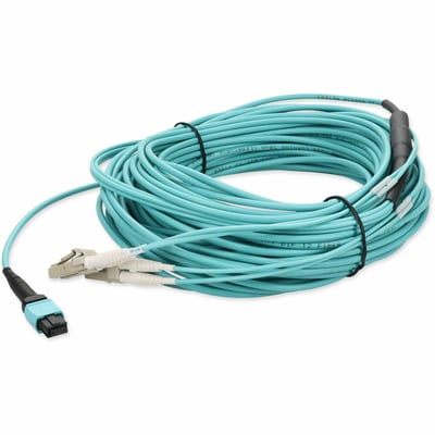 AddOn 20m MPO/UPC to 2xLC Duplex (4xLC)/UPC Aqua OM4 OFNR (Riser-Rated) 4-Strand Fiber Fanout Cable