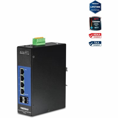 TRENDnet 6-Port Industrial Gigabit L2 Managed DIN-Rail Switch; 4 x Gigabit Ports; 2 x SFP Slots; DIN-Rail Mount; IP30; VLAN; QoS; LACP; STP/RSTP; Bandwidth management; Lifetime Protection; TI-G642i