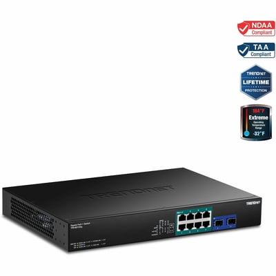 TRENDnet TPE-BG102g- 10-Port Gigabit 240W PoE++ Switch with 4 x 95W PoE++ Ports- 4 x 30W PoE+ Ports- 2 Gigabit SFP Slots, 240W PoE Budget- 1U 19" Rack Mountable