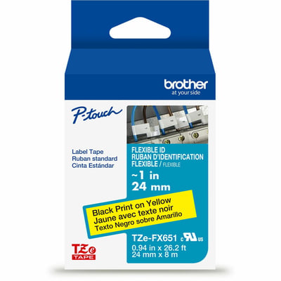 Brother Genuine P-touch TZeFX651 BK on YL Label Tape, Flexible ID Laminated, 24mmX8m