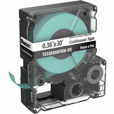 Panduit PXE T038X000YKM-BK MP Printer Cont. Tape, Safety & ID, Polyest, Blk/Clr, .38" W