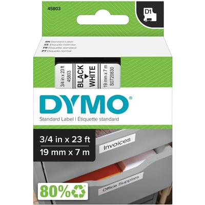 DYMO LABELMANAGER D1 BLACK PRINT/ WHITE TAPE, 3/4 X 23, ALWAYS USE DYMO-BRANDED