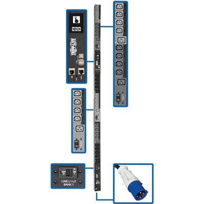 Tripp Lite by Eaton PDU 14.5kW 200-240V 3PH Switched PDU - LX Interface Gigabit 30 Outlets IEC 309 60A Blue Input LCD 1.8 m Cord 0U 1.8 m Height TAA