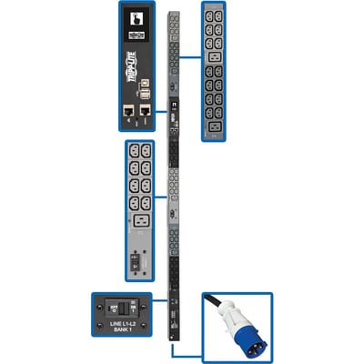 Tripp Lite by Eaton PDU 14.5kW 200-240V 3PH Monitored PDU - LX Interface Gigabit 48 Outlets IEC 309 60A Blue Input LCD 3 m Cord 0U 1.8 m Height TAA