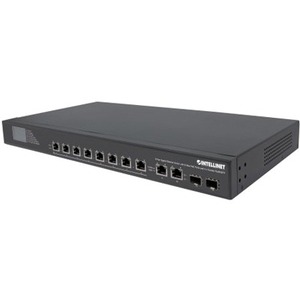 Intellinet 8-Port Gigabit Ethernet Ultra PoE Switch with 4 Uplink Ports and LCD Screen, 8 x PoE ports, IEEE 802.3bt Power over Ethernet (Ultra PoE), 2 x RJ45 Uplink, 2 x SFP Uplink, 380 W, Endspan, 19" Rackmount (With C14 2 Pin Euro Power Cord), Box