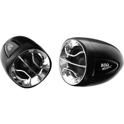 BOSS AUDIO MC300 Weatherproof 2.5" 400 Watt Motorcycle/ATV Amplified Speaker System With Chrome and Black Grilles, 3.5 mm Aux Input, Volume Control and Handlebar Mount