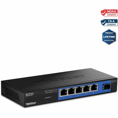 TRENDnet 4-Port Gigabit Switch With SFP Slot, 10 Gbps Switching Capacity, Fanless, 802.1p QoS, Rear Facing Ports, Metal Housing, Network Ethernet Switch, Lifetime Protection, Black, TEG-S51SFP