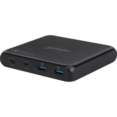 Manhattan Charging Station, 2x USB-C and 2x USB-A Ports, USB-C Outputs: 1x 60W and 1x 30W, USB-A Outputs: 2x 18W (Qualcomm Quick Charge), Stand & 3M tape (under desk mounting) included, Cable 1m, Black (Power Cable: Euro 2-pin plug to C7 figure-of-8 Box