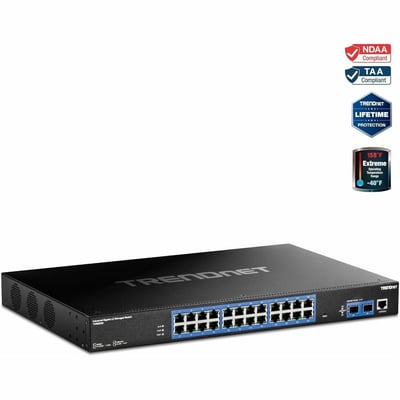 TRENDnet 26-Port Industrial Gigabit L2 Managed Rackmount Switch, TI-RG262i, 24 x Gigabit Ports, 2 x SFP Ports, IP30 Rated Metal Housing, Lifetime Protection, Black