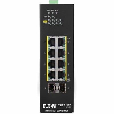 Tripp Lite by Eaton 8-Port Lite Managed Industrial Gigabit Ethernet Switch - 10/100/1000 Mbps, PoE+ 30W, 2 GbE SFP Slots, -10 to 60C, DIN Mount - TAA Compliant
