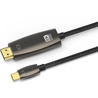4XEM 6FT (1.8M) USB-C to HDMI 2.1 Active Cable - 8K/4K UHD USB Type-C DP Alt-Mode to HDMI Braided Video Cable - Black/Grey