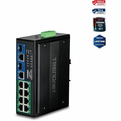 TRENDnet 10-Port Industrial Gigabit 400W PoE++ DIN-Rail Switch, TI-BG108, 8 x Gigabit PoE++ Ports, 2 x Gigabit Shared Ports (RJ-45 / SFP), 20Gbps, 400W, Lifetime Protection