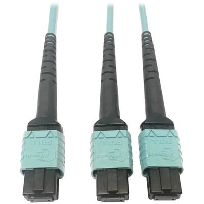 Eaton Tripp Lite Series 400G Multimode 50/125 OM4 Plenum Fiber Optic Cable, 24F MTP/MPO-PC to (x2) 12F MTP/MPO-PC (F/F), Aqua, 3 m
