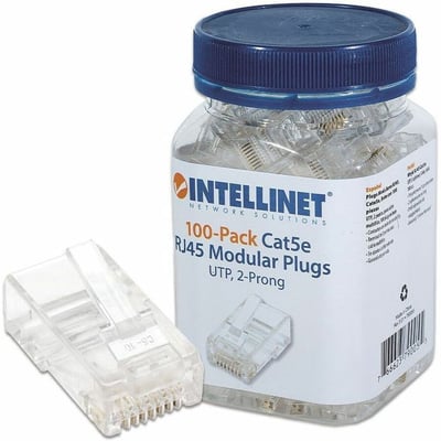 Intellinet Network Solutions Cat5e RJ45 Modular Plugs, 2-Prong, UTP, For Stranded Wire, 100 Plugs in Jar
