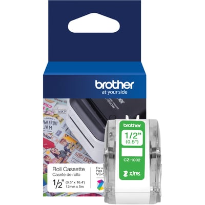 Brother Genuine CZ-1002 continuous length " (0.5") 12 mm wide x 16.4 ft. (5 m) long label roll featuring ZINK Zero Ink technology