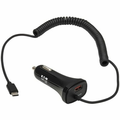 Tripp Lite by Eaton Dual-Port USB Car Charger with 30W Charging - USB-C (18W) QC 3.0 USB-A (12W) Coiled 6 ft. (1.83 m) USB-C Cable Black