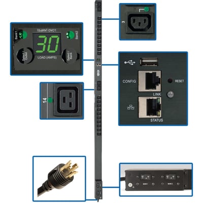 Tripp Lite by Eaton PDU 5.5kW Single-Phase Monitored Per-Outlet PDU - LX Platform 24 Outlets (208/230V) L6-30P Input 0U TAA