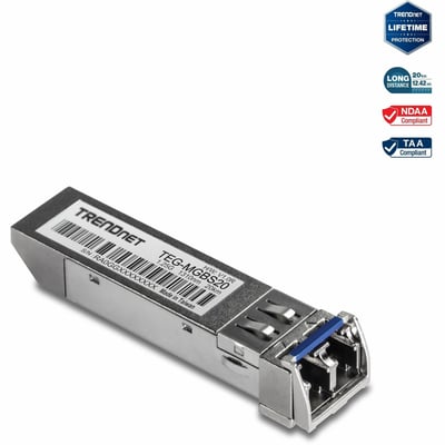 TRENDnet SFP Single Mode LC Module (20km/ 12.4 mi), TEG-MGBS20, Data Rates up to 1.25Gbps, 1310nm Single Mode, IEEE 802.3z Gigabit Ethernet, ANSI Fiber Channel Compliant, Lifetime Protection