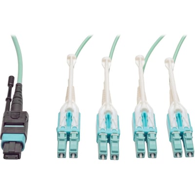Tripp Lite by Eaton MTP/MPO Fan-out Cable with Push/Pull Tab Connectors MTP/MPO to 4xLC 40GbE 40GBASE-SR4,OM3 Plenum-rated - Aqua 1M (3.28 ft.)