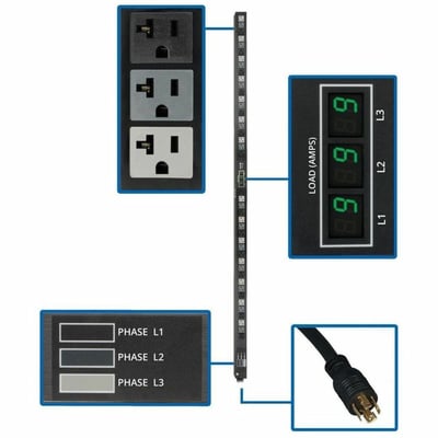 Tripp Lite by Eaton PDU 5.7kW 3-Phase Local Metered PDU 120V Outlets (42 5-15/20R) 208V L21-20P input 6 ft. (1.83 m) Cord 0U Vertical TAA