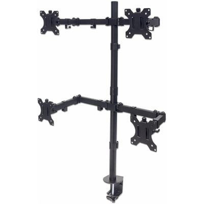 Quad Desk Mount for TV & Monitors, For screens 10" to 27" , Stand or Clamp Assembly, VESA compatability: 75x75 and 100x100mm - check the dimensions of the four mounting holes on back of screen to ensure it fits, Max 8kg (each), Black, Bracket