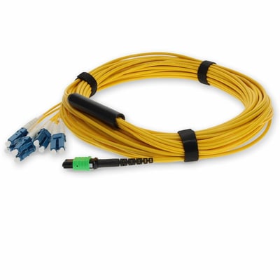 AddOn 40m MPO/APC to 4xLC/UPC Duplex Yellow OS2 OFNR (Riser-Rated) 8-Strand SMF Fiber Fanout Cable