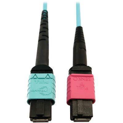 Eaton Tripp Lite Series 400G Multimode 50/125 OM4 Plenum Fiber Optic Cable, 24F MTP/MPO-UPC to 16F MTP/MPO-UPC (F/F), Aqua, 3 m